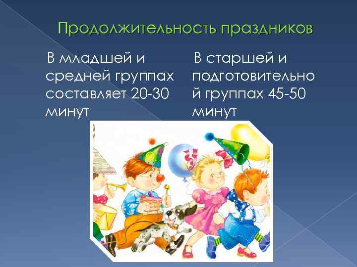 Продолжительность праздников В младшей и средней группах составляет 20 -30 минут В старшей и