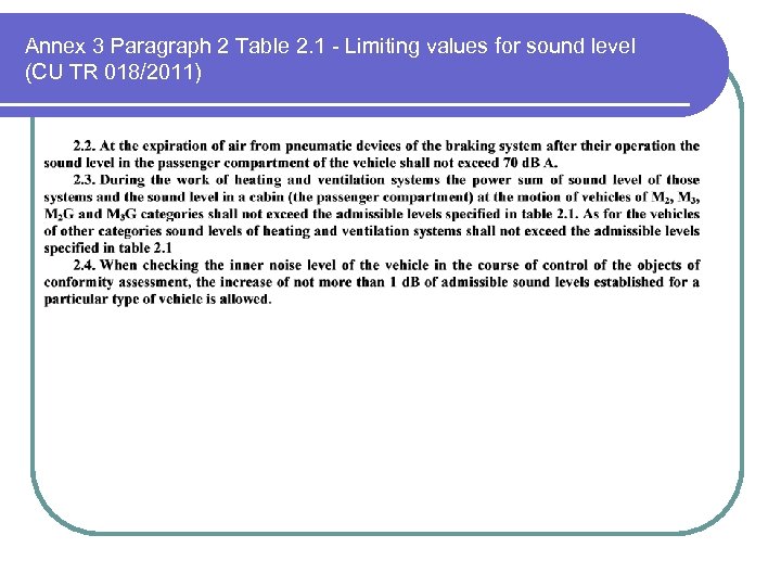 Annex 3 Paragraph 2 Table 2. 1 - Limiting values for sound level (CU