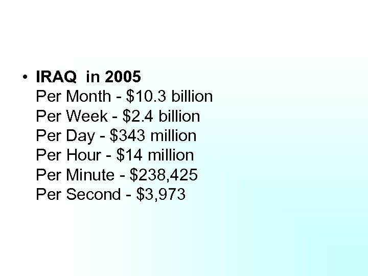  • IRAQ in 2005 Per Month - $10. 3 billion Per Week -