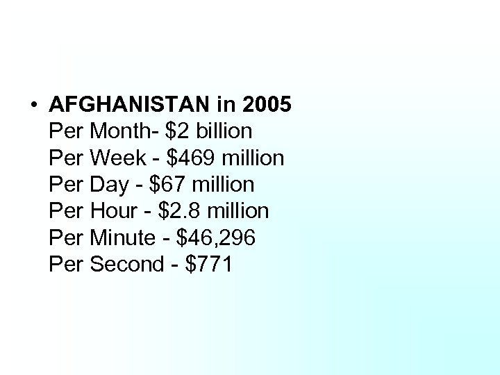  • AFGHANISTAN in 2005 Per Month- $2 billion Per Week - $469 million
