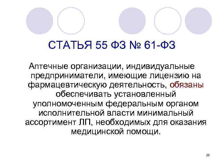 СТАТЬЯ 55 ФЗ № 61 ФЗ Аптечные организации, индивидуальные предприниматели, имеющие лицензию на фармацевтическую