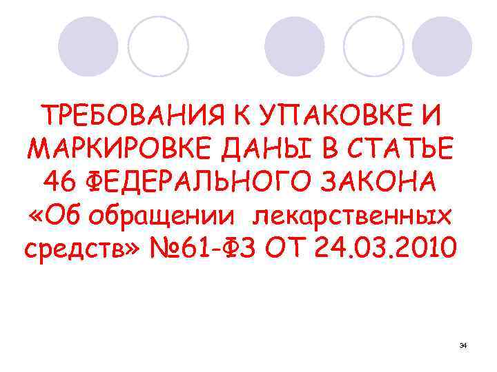 ТРЕБОВАНИЯ К УПАКОВКЕ И МАРКИРОВКЕ ДАНЫ В СТАТЬЕ 46 ФЕДЕРАЛЬНОГО ЗАКОНА «Об обращении лекарственных
