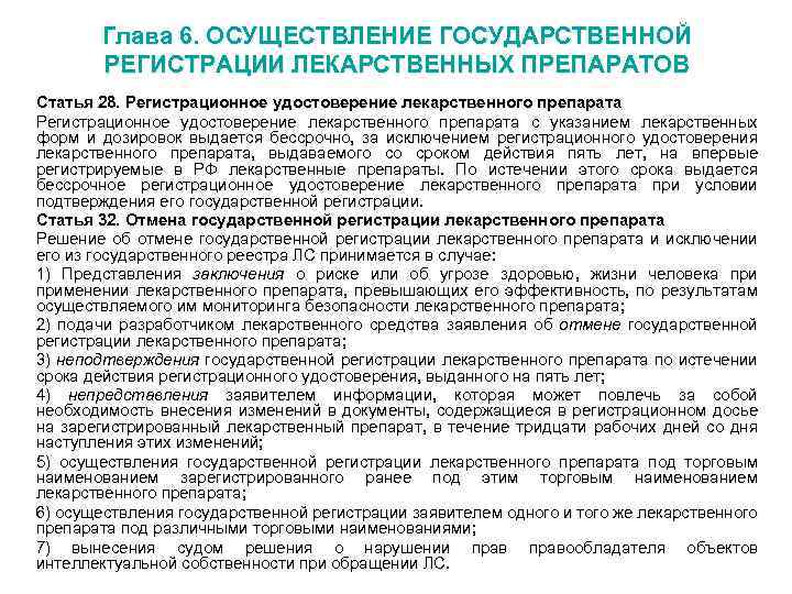 Глава 6. ОСУЩЕСТВЛЕНИЕ ГОСУДАРСТВЕННОЙ РЕГИСТРАЦИИ ЛЕКАРСТВЕННЫХ ПРЕПАРАТОВ Статья 28. Регистрационное удостоверение лекарственного препарата с