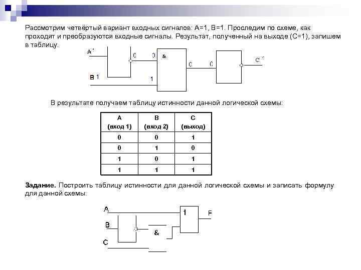 Рассмотрим четвёртый вариант входных сигналов: А=1, В=1. Проследим по схеме, как проходят и преобразуются