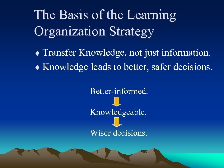 The Basis of the Learning Organization Strategy ¨ Transfer Knowledge, not just information. ¨