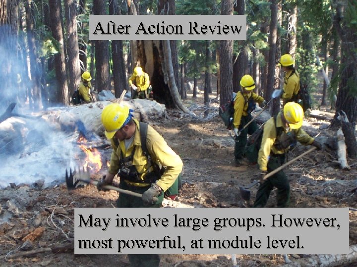 After Action Review May involve large groups. However, most powerful, at module level. 