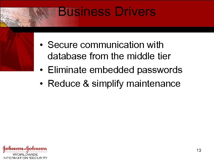 Business Drivers • Secure communication with database from the middle tier • Eliminate embedded