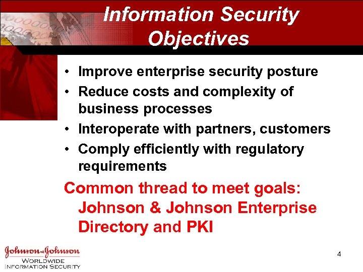  Information Security Objectives • Improve enterprise security posture • Reduce costs and complexity