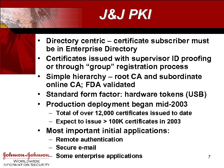 J&J PKI • Directory centric – certificate subscriber must be in Enterprise Directory •