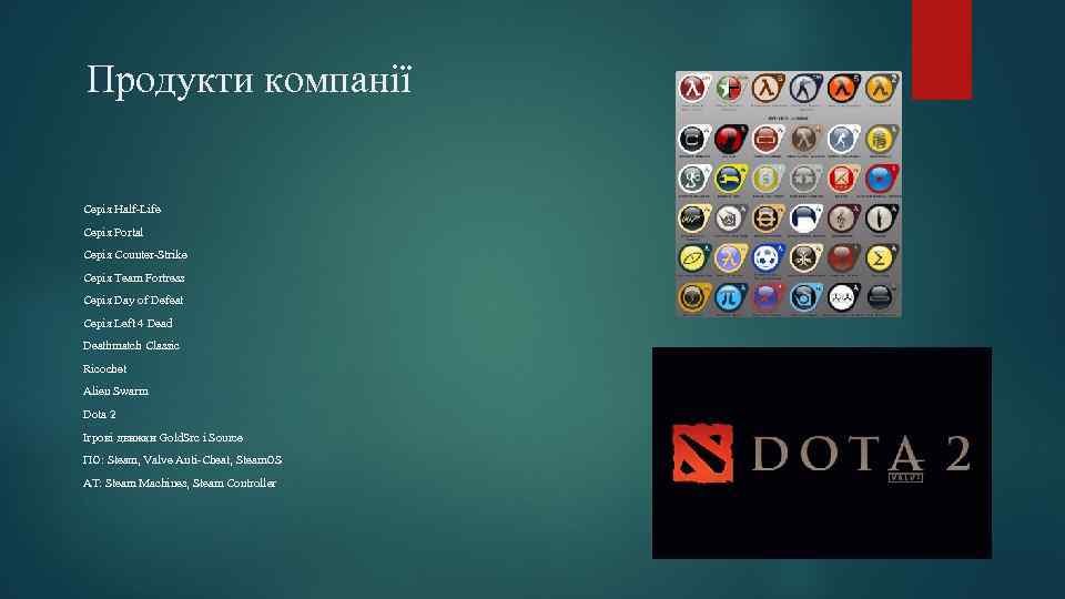 Продукти компанії Серія Half-Life Серія Portal Серія Counter-Strike Серія Team Fortress Серія Day of