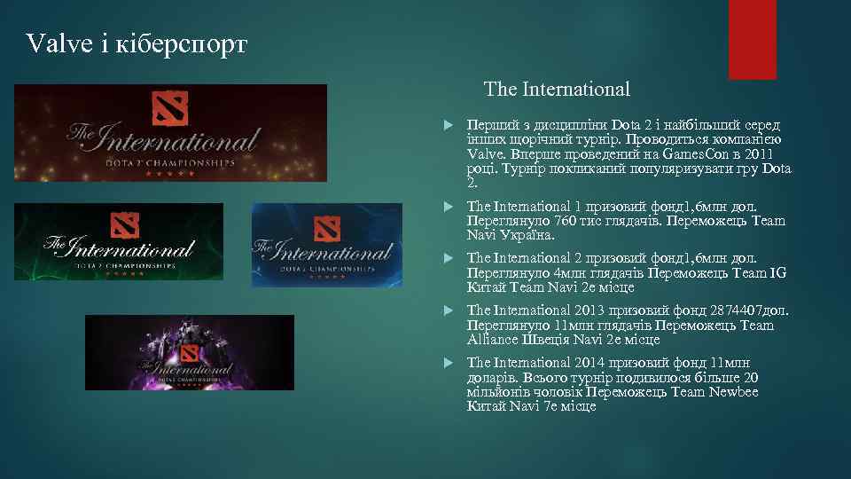 Valve і кіберспорт The International Перший з дисципліни Dota 2 і найбільший серед інших