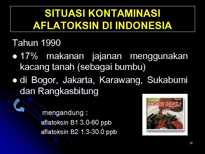 SITUASI KONTAMINASI AFLATOKSIN DI INDONESIA Tahun 1990 l 17% makanan jajanan menggunakan kacang tanah