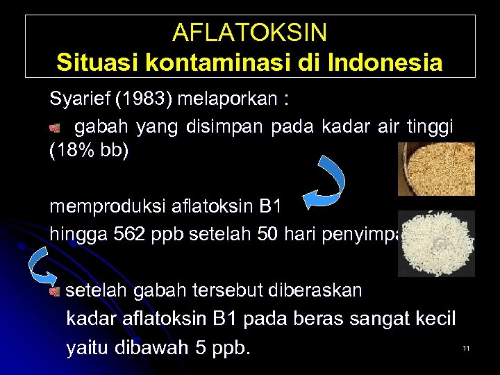 AFLATOKSIN Situasi kontaminasi di Indonesia Syarief (1983) melaporkan : gabah yang disimpan pada kadar