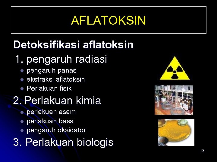 AFLATOKSIN Detoksifikasi aflatoksin 1. pengaruh radiasi l l l pengaruh panas ekstraksi aflatoksin Perlakuan