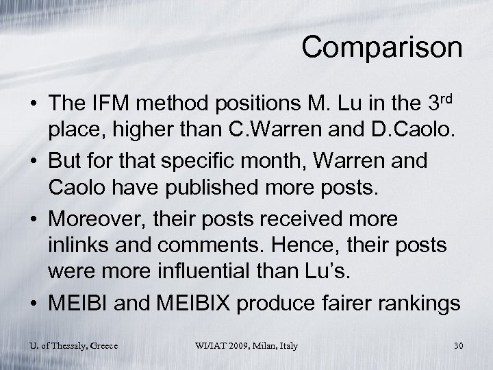 Comparison • The IFM method positions M. Lu in the 3 rd place, higher