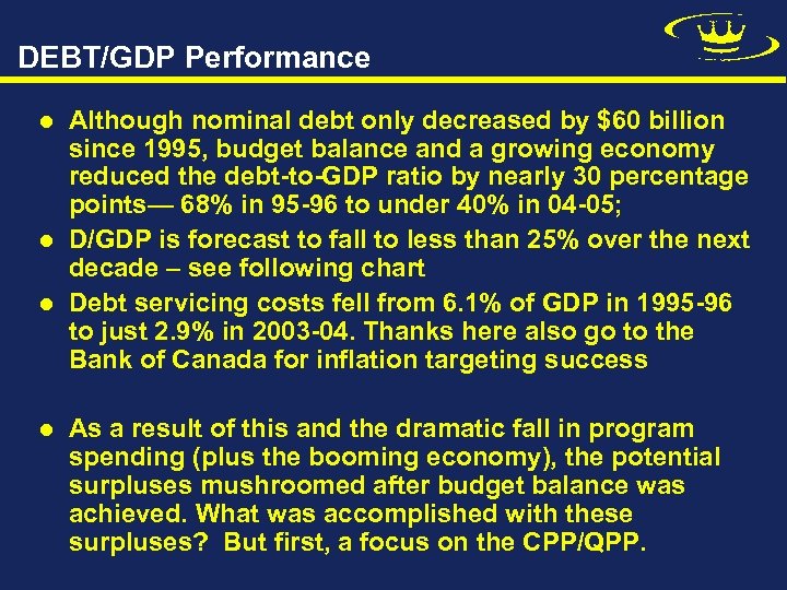 DEBT/GDP Performance l l Although nominal debt only decreased by $60 billion since 1995,
