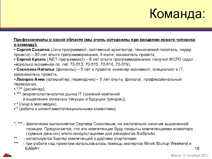 Команда: Профессионалы в своей области (мы очень осторожны при введении нового человека в команду):