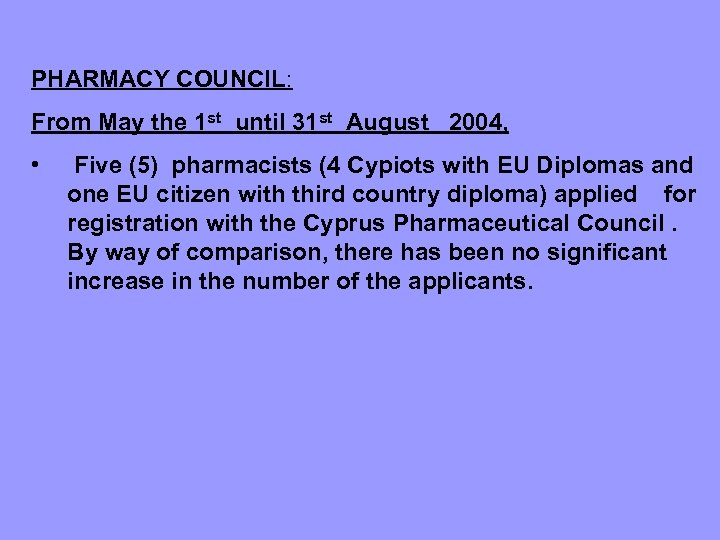 PHARMACY COUNCIL: From May the 1 st until 31 st August 2004, • Five