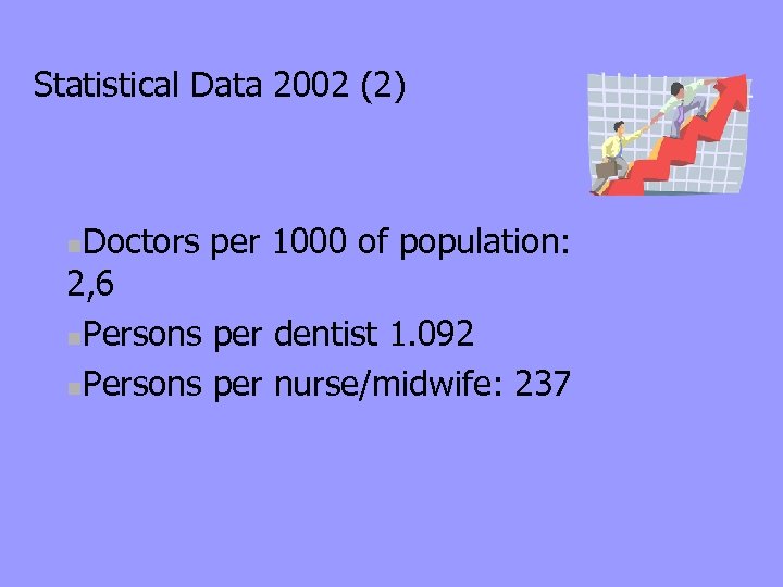 Statistical Data 2002 (2) Doctors per 1000 of population: 2, 6 n. Persons per