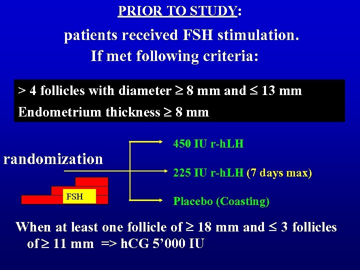 PRIOR TO STUDY: patients received FSH stimulation. If met following criteria: > 4 follicles