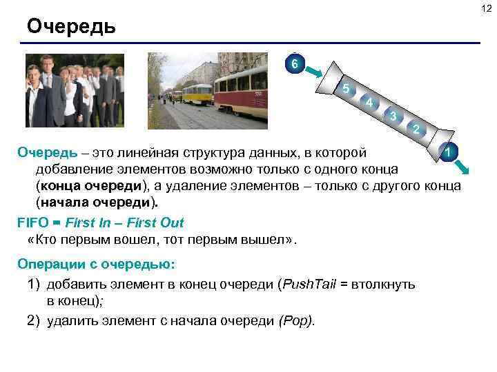 12 Очередь 6 5 4 3 2 1 Очередь – это линейная структура данных,