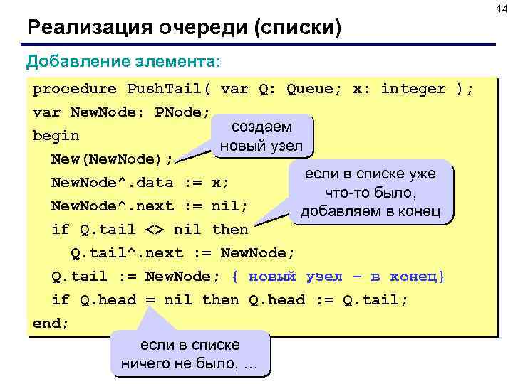 14 Реализация очереди (списки) Добавление элемента: procedure Push. Tail( var Q: Queue; x: integer