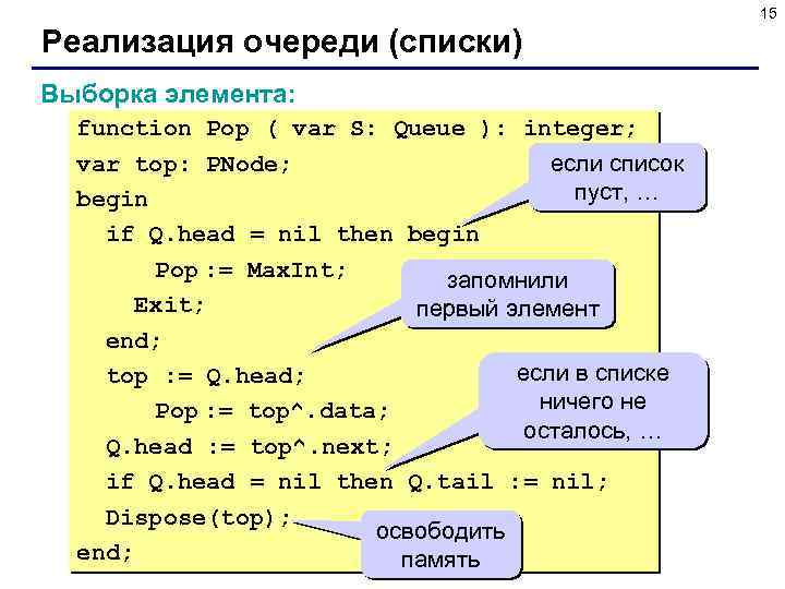 15 Реализация очереди (списки) Выборка элемента: function Pop ( var S: Queue ): integer;