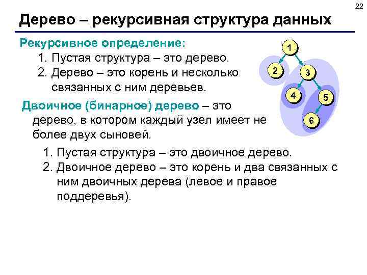 22 Дерево – рекурсивная структура данных Рекурсивное определение: 1 1. Пустая структура – это