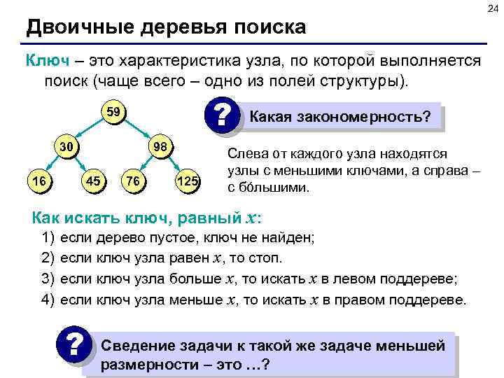 24 Двоичные деревья поиска Ключ – это характеристика узла, по которой выполняется поиск (чаще