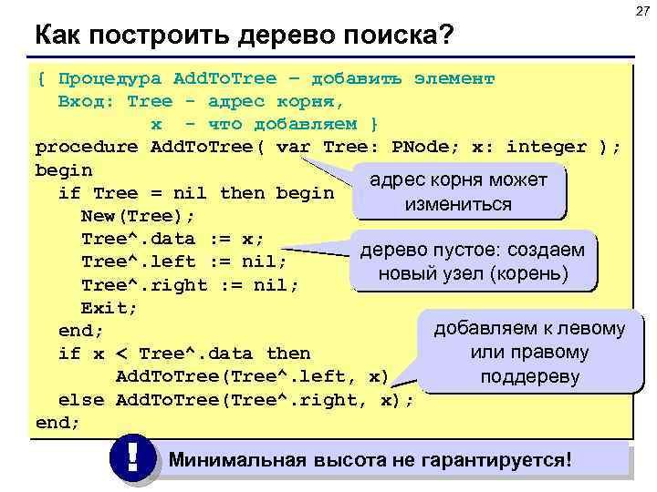 27 Как построить дерево поиска? { Процедура Add. To. Tree – добавить элемент Вход:
