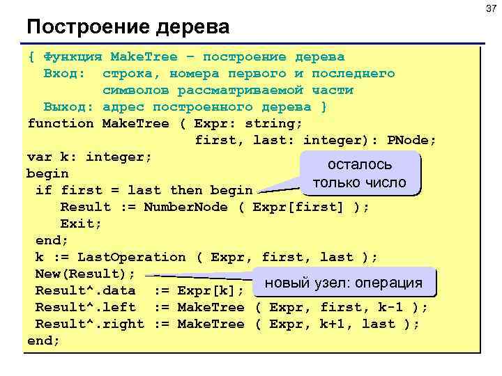 37 Построение дерева { Функция Make. Tree – построение дерева Вход: строка, номера первого