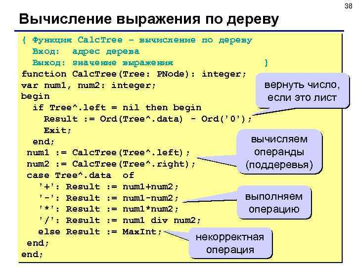 38 Вычисление выражения по дереву { Функция Calc. Tree – вычисление по дереву Вход: