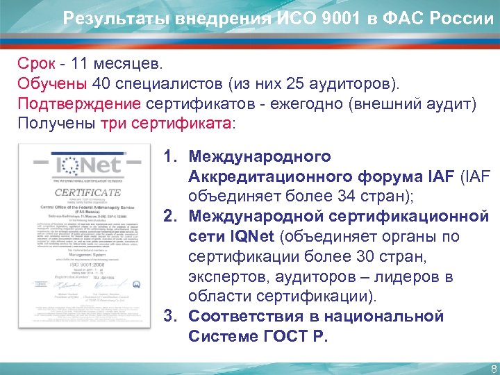 Результаты внедрения ИСО 9001 в ФАС России Срок - 11 месяцев. Обучены 40 специалистов