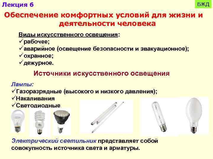 Лекция 6 БЖД Обеспечение комфортных условий для жизни и деятельности человека Виды искусственного освещения: