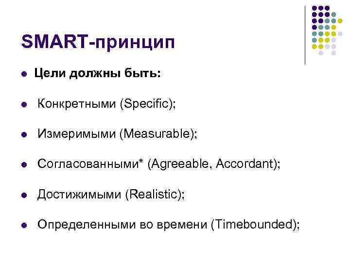 SMART-принцип l Цели должны быть: l Конкретными (Specific); l Измеримыми (Measurable); l Согласованными* (Agreeable,