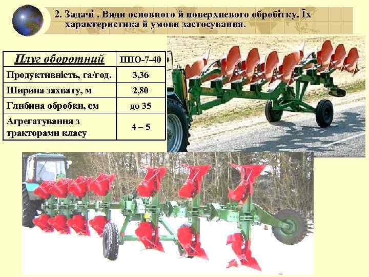 2. Задачі. Види основного й поверхневого обробітку. Їх характеристика й умови застосування. Плуг оборотний