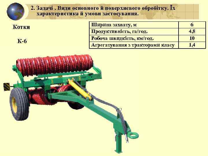 2. Задачі. Види основного й поверхневого обробітку. Їх характеристика й умови застосування. Котки К-6
