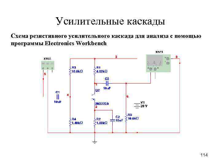 Усилительные каскады Схема резистивного усилительного каскада для анализа с помощью программы Electronics Workbench 114