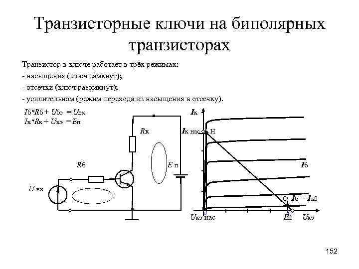 Транзисторные ключи на биполярных транзисторах Транзистор в ключе работает в трёх режимах: - насыщения