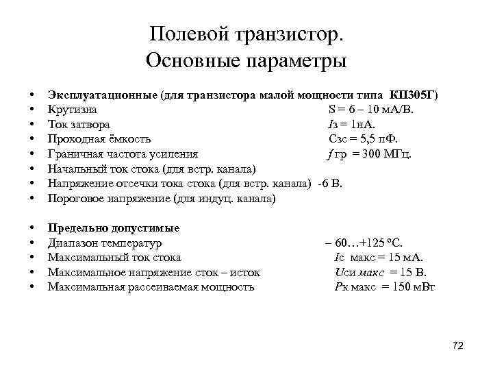 Полевой транзистор. Основные параметры • • Эксплуатационные (для транзистора малой мощности типа КП 305