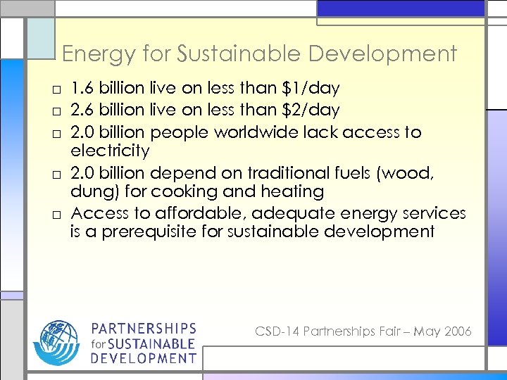 Energy for Sustainable Development □ 1. 6 billion live on less than $1/day □