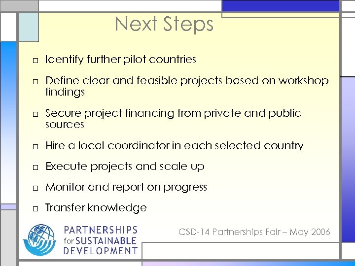 Next Steps □ Identify further pilot countries □ Define clear and feasible projects based