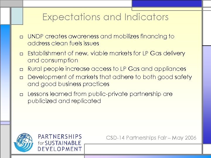 Expectations and Indicators □ UNDP creates awareness and mobilizes financing to address clean fuels