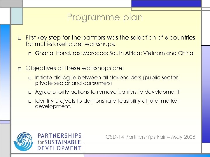Programme plan □ First key step for the partners was the selection of 6