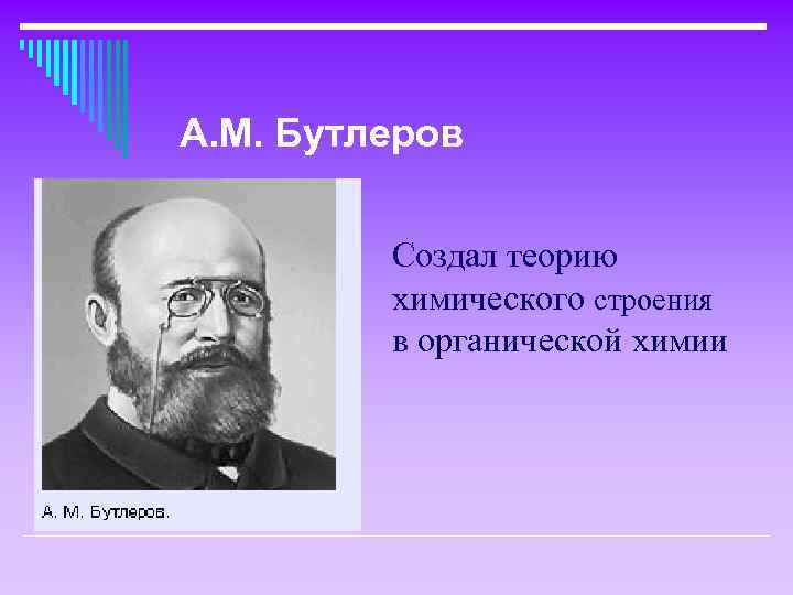 А. М. Бутлеров Создал теорию химического строения в органической химии 