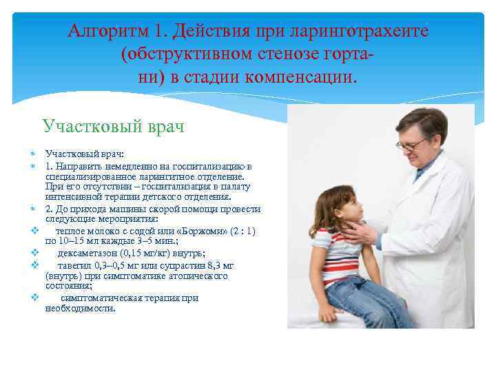 Алгоритм 1. Действия при ларинготрахеите (обструктивном стенозе гортани) в стадии компенсации. Участковый врач: 1.