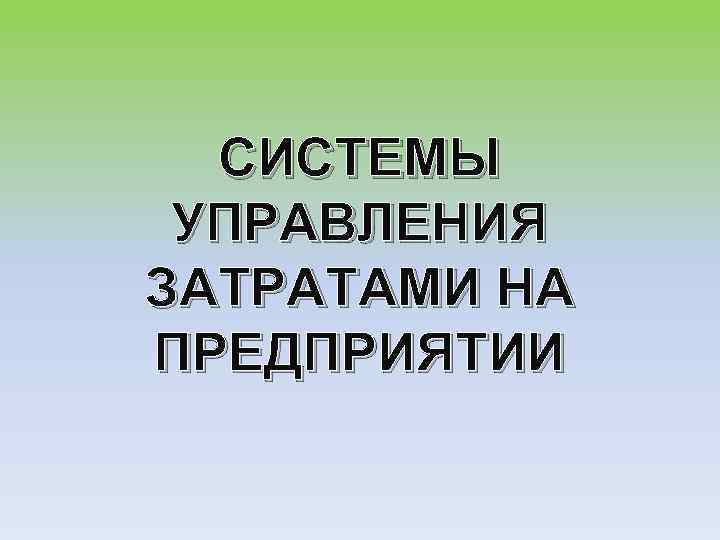 СИСТЕМЫ УПРАВЛЕНИЯ ЗАТРАТАМИ НА ПРЕДПРИЯТИИ 