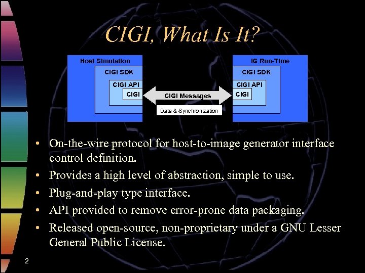 CIGI, What Is It? Host Simulation IG Run-Time CIGI SDK CIGI API CIGI SDK