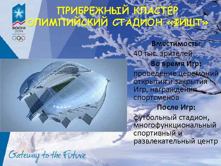 ПРИБРЕЖНЫЙ КЛАСТЕР ОЛИМПИЙСКИЙ СТАДИОН «ФИШТ» Вместимость: 40 тыс. зрителей Во время Игр: проведение церемоний