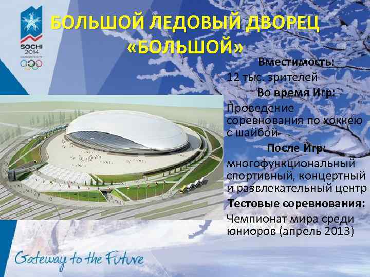 БОЛЬШОЙ ЛЕДОВЫЙ ДВОРЕЦ «БОЛЬШОЙ» Вместимость: 12 тыс. зрителей Во время Игр: Проведение соревнования по